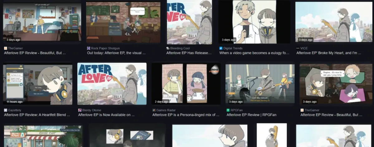 Screenshot of image search results for Afterlove EP, showing scenes and characters from the game.