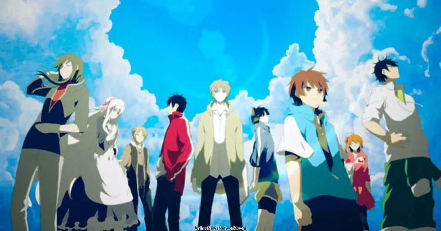 Kagerou Project artwork: a group of characters in casual clothes stand and look up at a bright blue sky with clouds.
