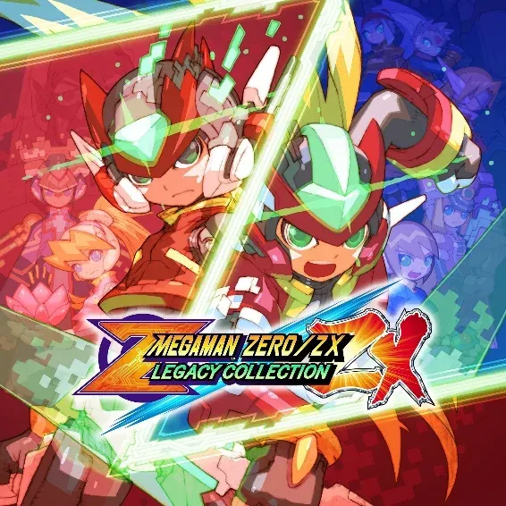 Cover of the Mega Man Zero/ZX Legacy Collection, showing Zero and the ZX heroes in red and green.
