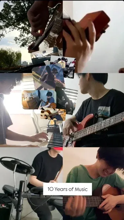 Collage of photos of me with musical instruments, with a label reading 10 Years of Music.