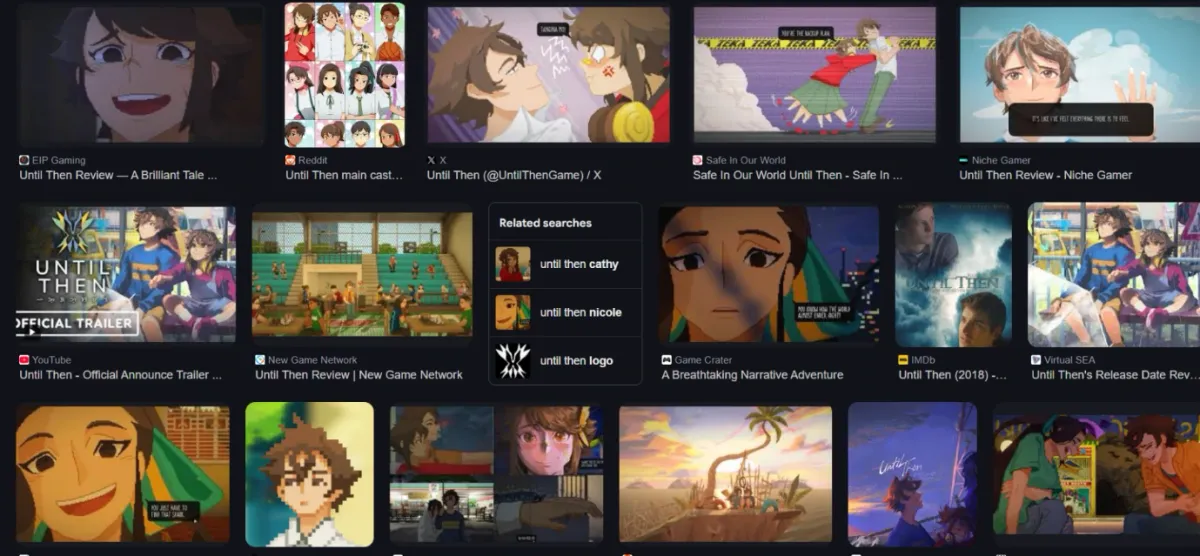 Screenshot of image search results for Until Then, showing many scenes and characters from the game.